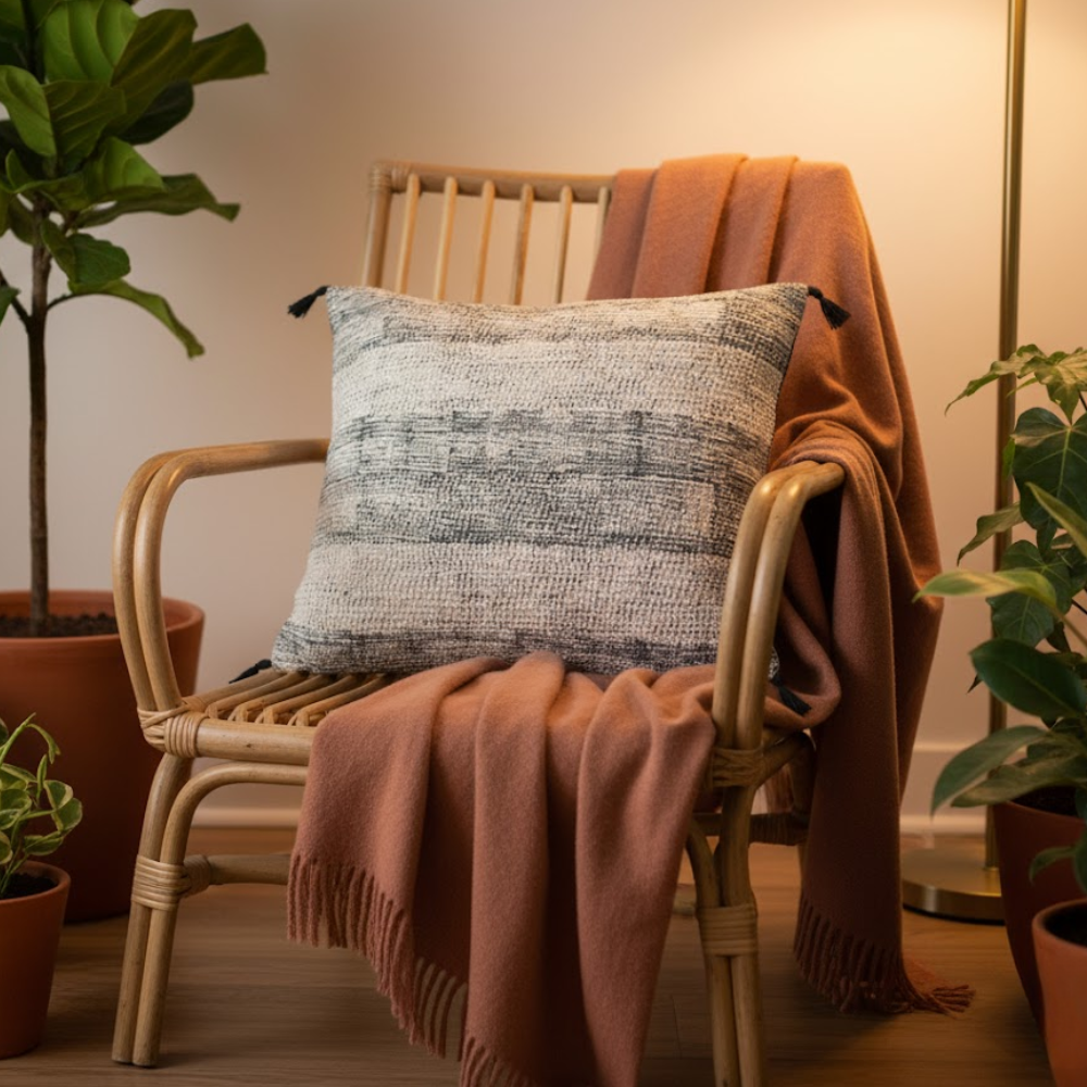 Tasseled Black Lines Lumbar Cotton Cushion Cover – Handwoven Sofa Cushion Cover