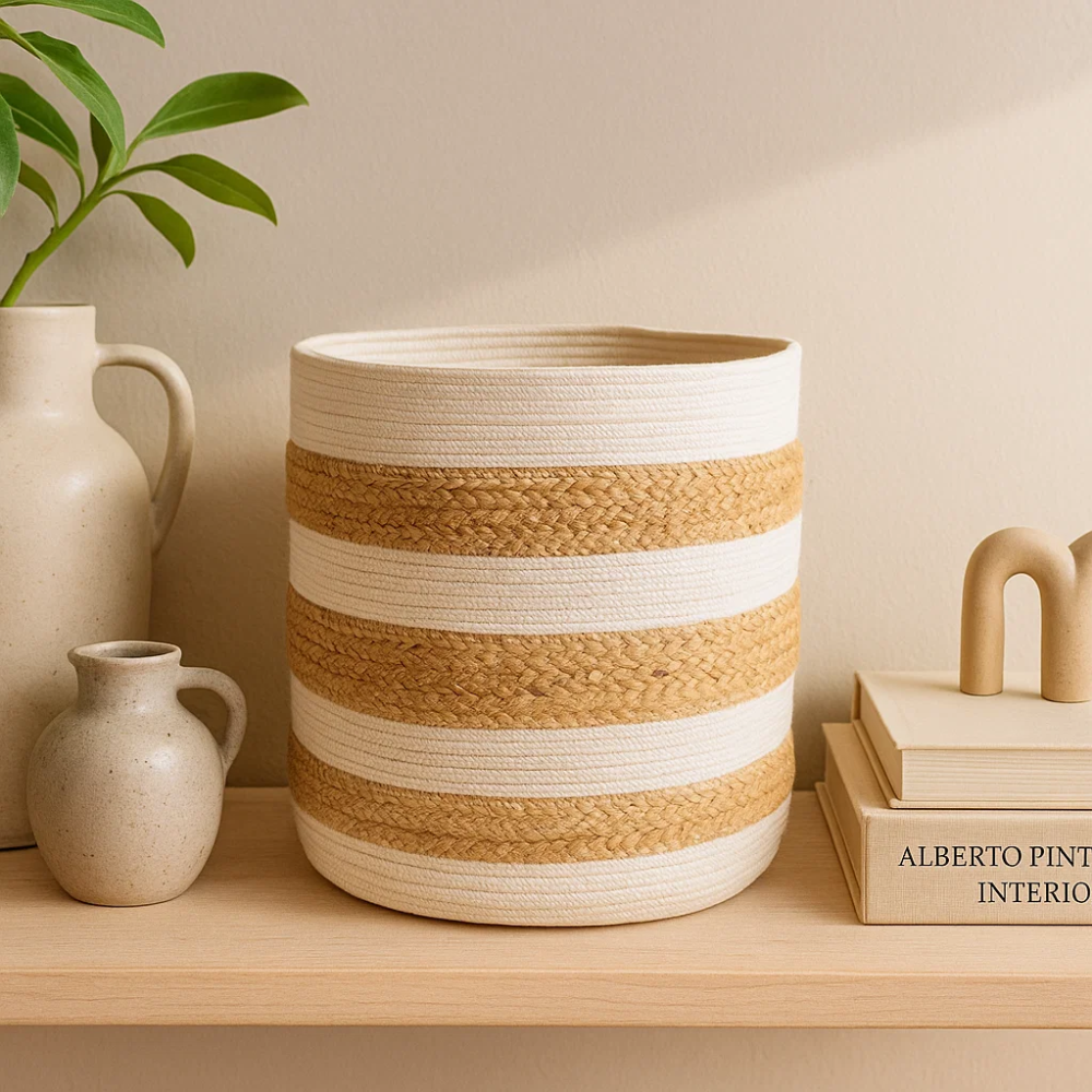 Hand Braided Monochrome Jute & Cotton Basket