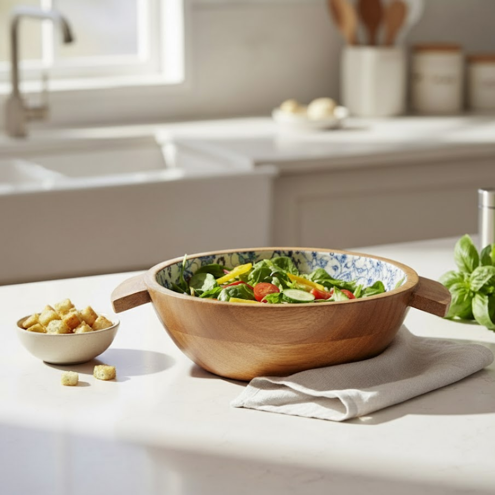 Enamelled Floral Turned Wooden Salad Bowl & Server – Handcrafted Wooden Salad Bowl with Enamel Finish