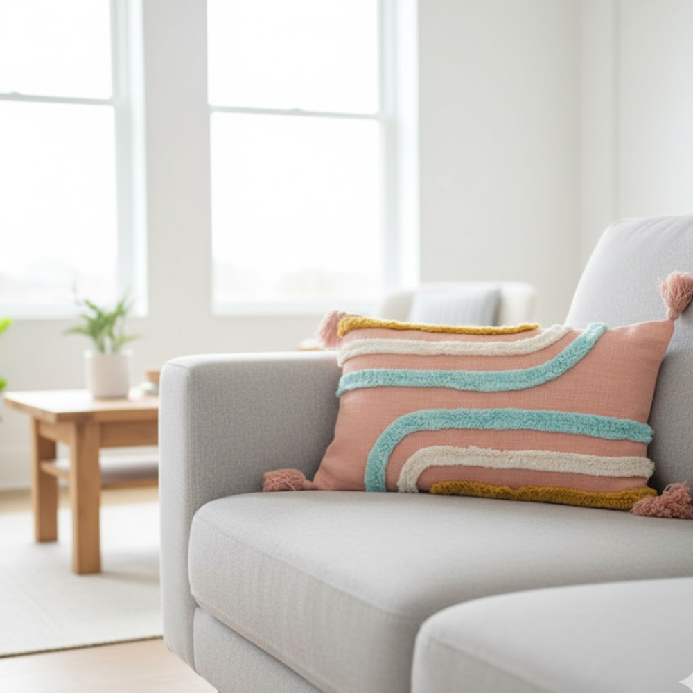 Woven Pink Cotton Cushion Cover – Handwoven Artisan Cotton Cushion with Boho Accents