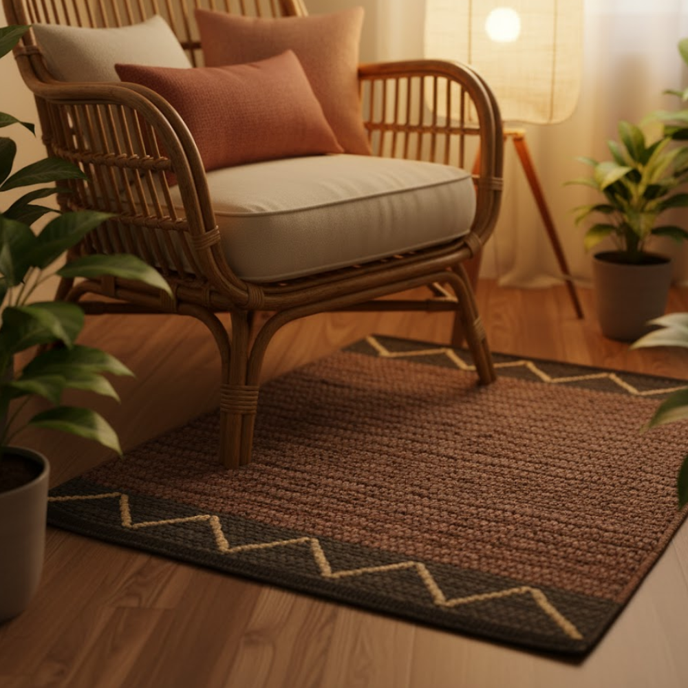 Handwoven Cotton Abstract Brown Durry – Artisan Chevron & Stripe Rug in Leather, Jute & Cotton