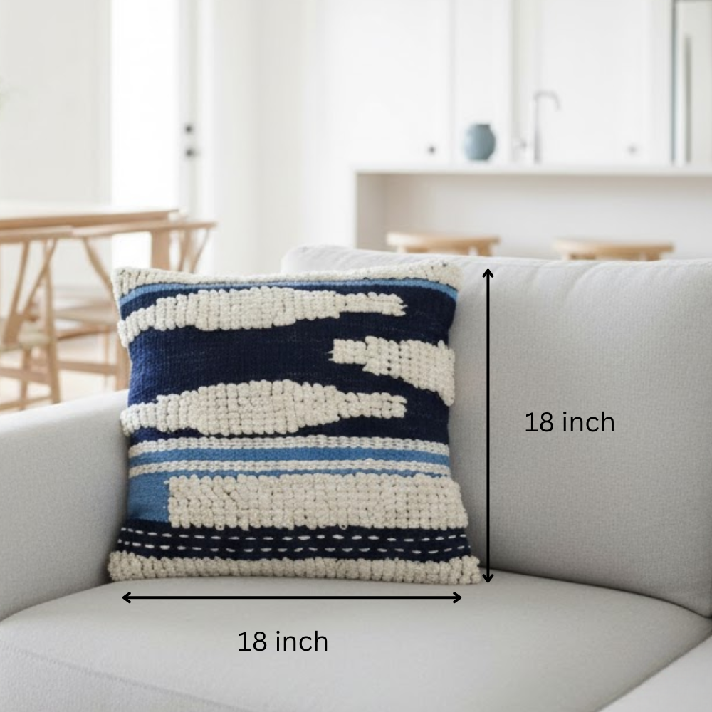 Woven Aqua Cushion Cover with Tufts – Handwoven Cotton Cushion Cover with Chunky Tufts