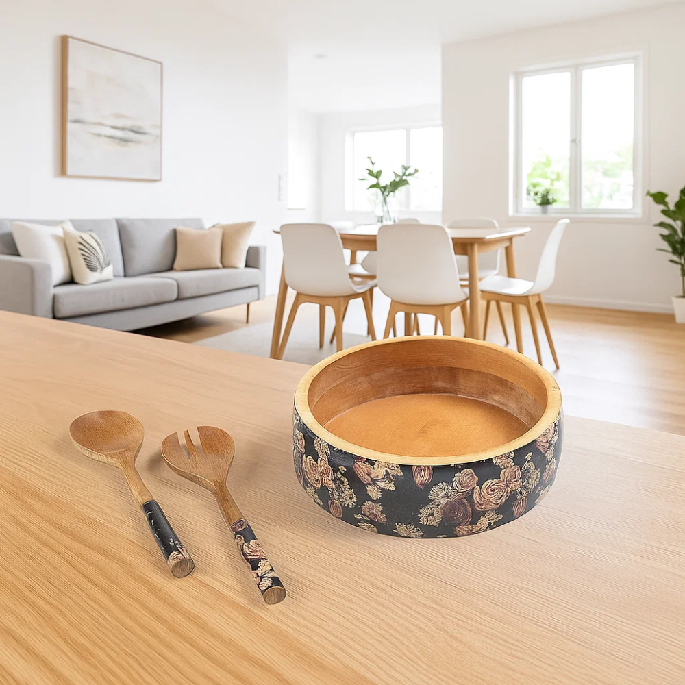 Vintage Rose Salad Bowl with Servers set – Hand-Carved