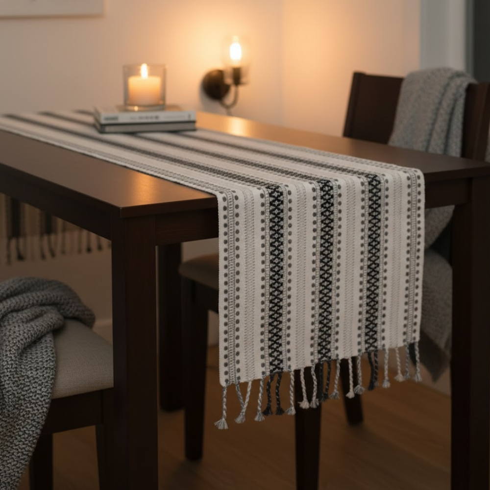 YarDyed Cotton Panelled Table Runner with Braided Tassels – Handwoven 100% Cotton Dining Table Runner