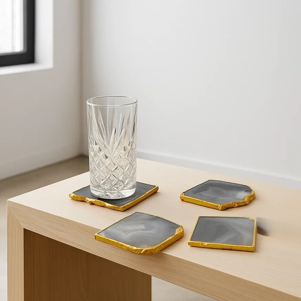 Golden Rimmed Agate Purple Coasters (Set of 4) – Luxury Natural Stone Coasters with Gold Detailing