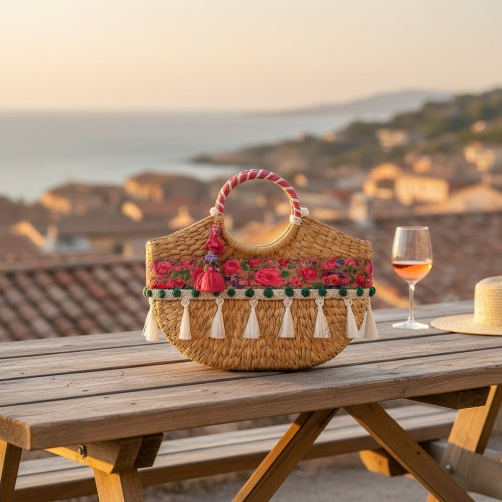 Floral Basket Woven Handbag – Cane Moon Bag for Women