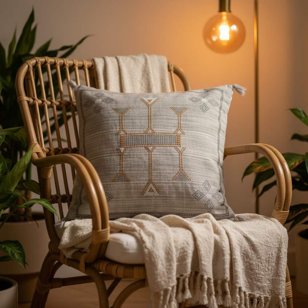 Embroidered & Tasseled Cotton Cushion Cover – Handwoven Artisan Cushion Cover with Vintage Embroidery & Tassels