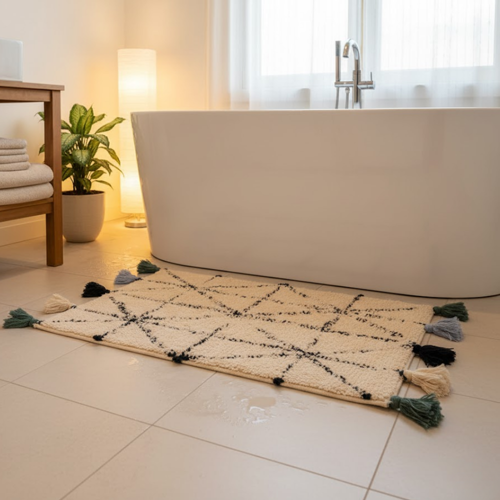 Tufted & Tasseled Geometric Cotton Bath Mat – Handwoven
