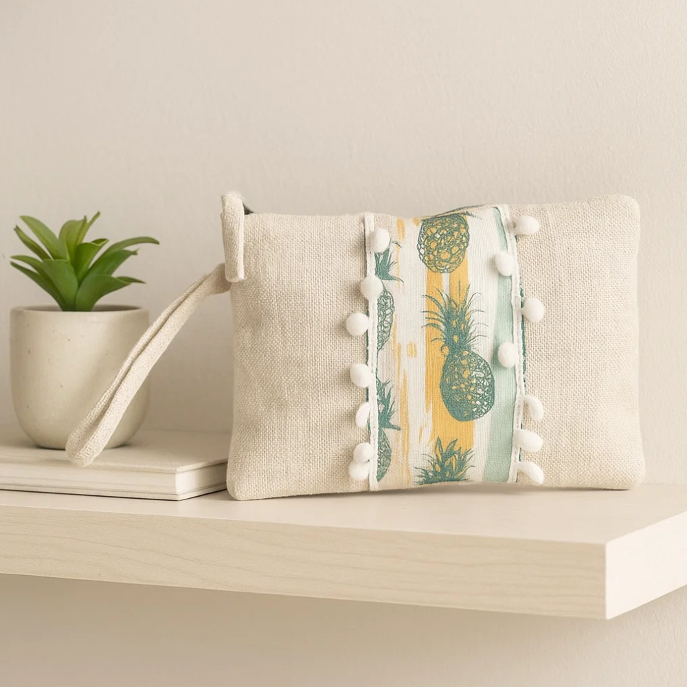 Pompom-Lined Tropical Jute Wristlet