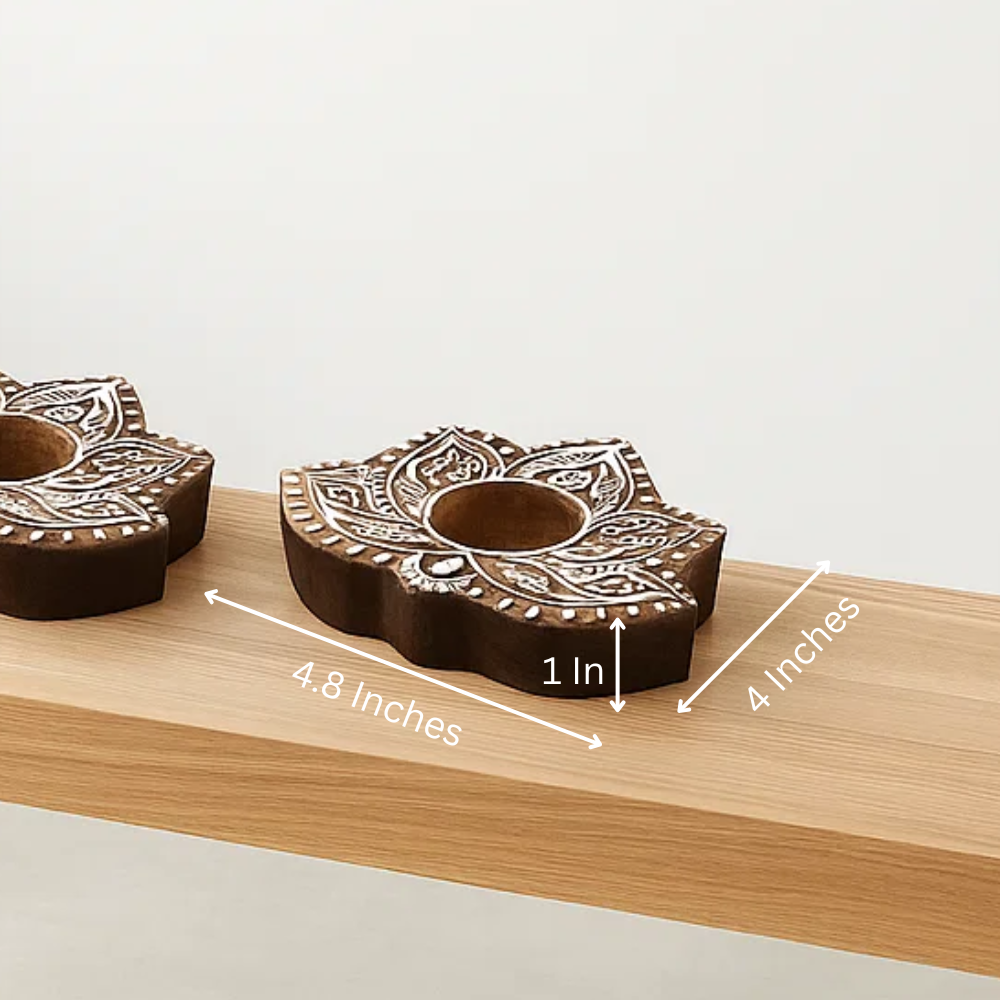Hand Carved Wooden Lotus Tealight Holders (Set of 2) – Artisan Wooden Candle Holders with Tribal-Inspired Lotus Design