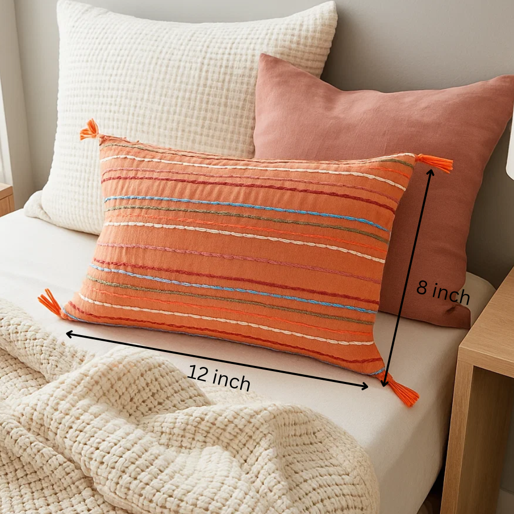Striped & Tasseled Slub Coral Lumbar Cotton Cushion Cover – Hand-Embroidered Sofa Cushion Cover
