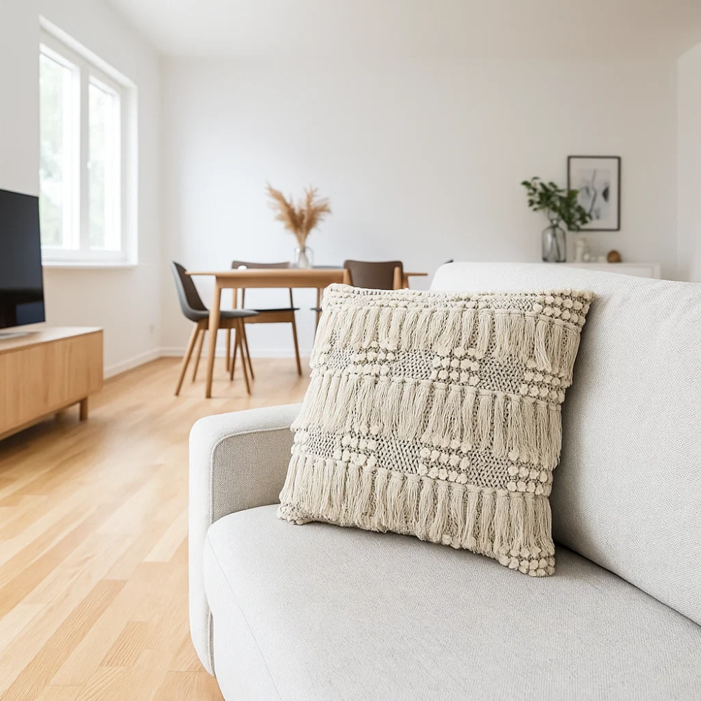Tufted & Fringed Cotton Cushion Cover – Handwoven Off-White Sofa Cushion Cover with Concealed Zip
