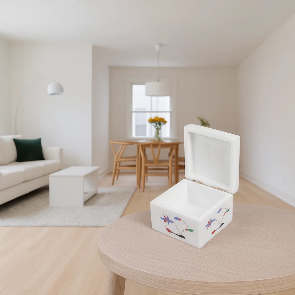 Inlaid Semi-Precious Stone & Marble Square Jewelry Box