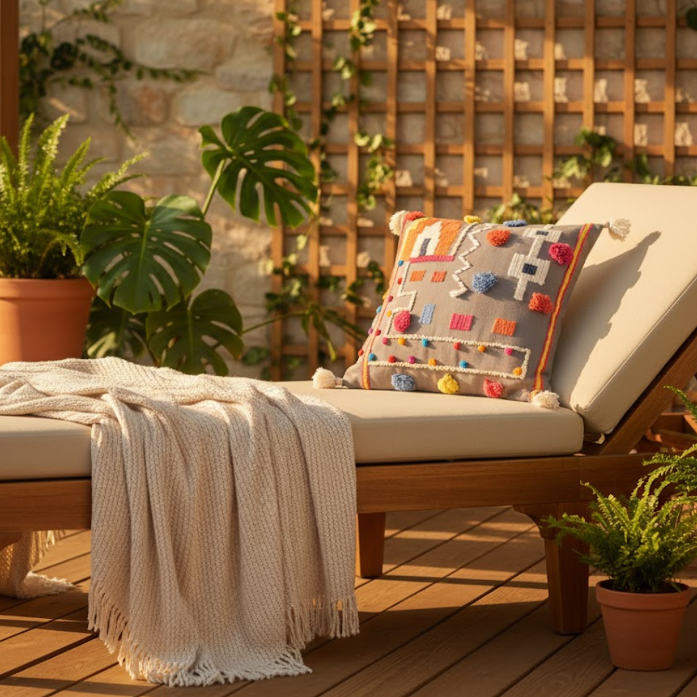 Embroidered Abstract Cotton Cushion Cover with Tassels – Handcrafted Sofa Cushion Cover