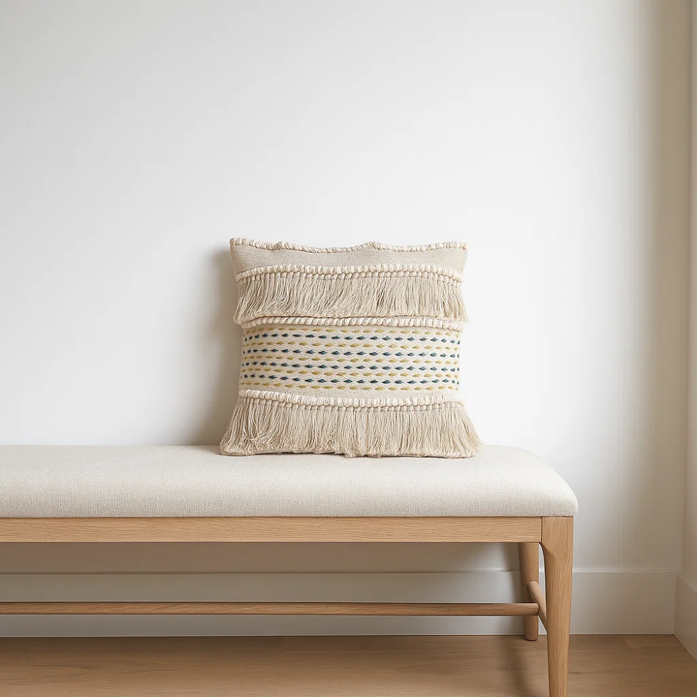 Muted Fringed Cotton Cushion Cover – Handwoven White Sofa Cushion Cover with Concealed Zip