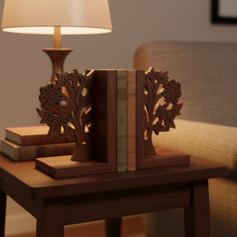 Hand Carved Solid Wood Tree Bookends (Set of 2) – Rustic Artisan Wooden Bookends with Tree Motif