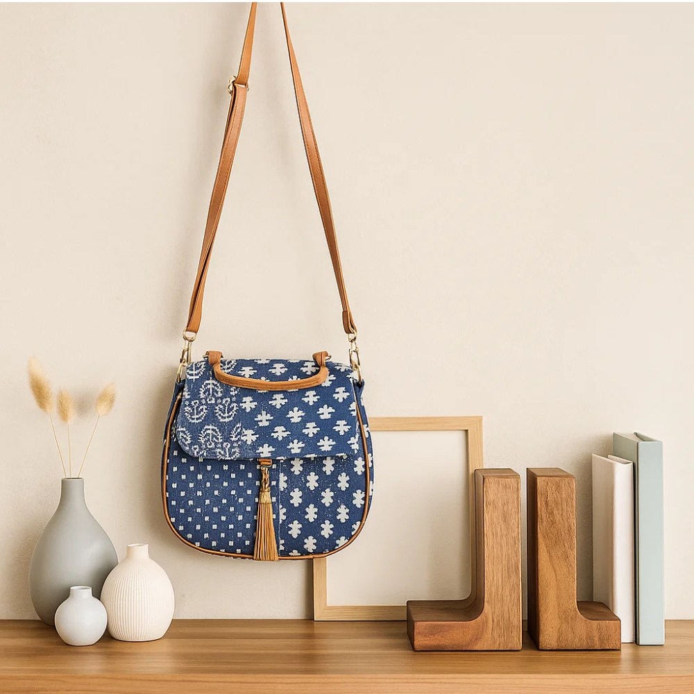 Floral Indigo Printed Handbag with Tassel