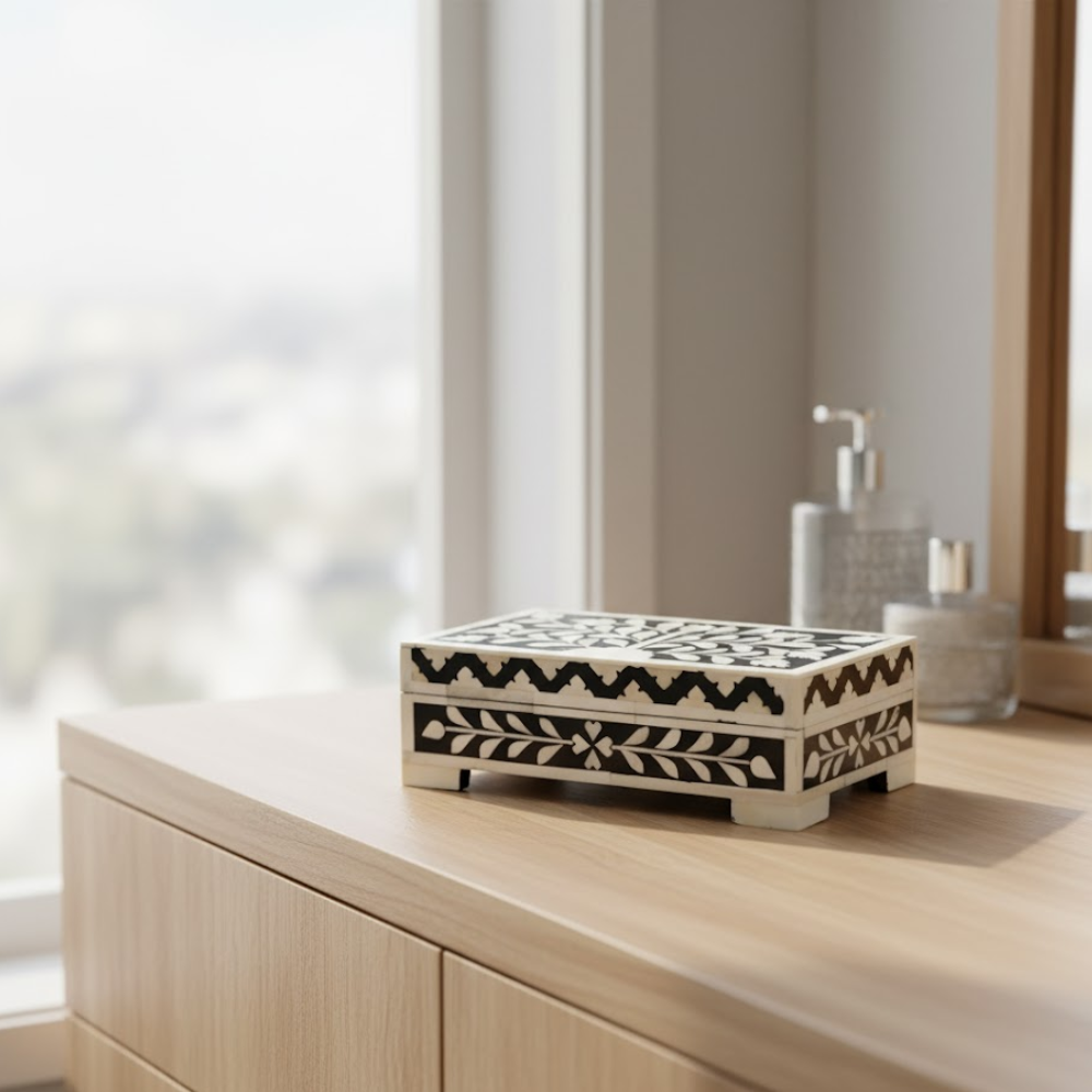 Inlay Work Monochrome Jewelry Box – Handcrafted Artisan Jewelry Storage