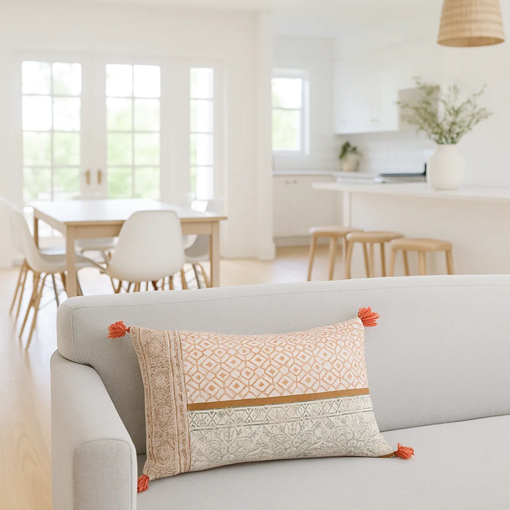 Block Printed Floral Tasseled Lumbar Cotton Cushion Cover