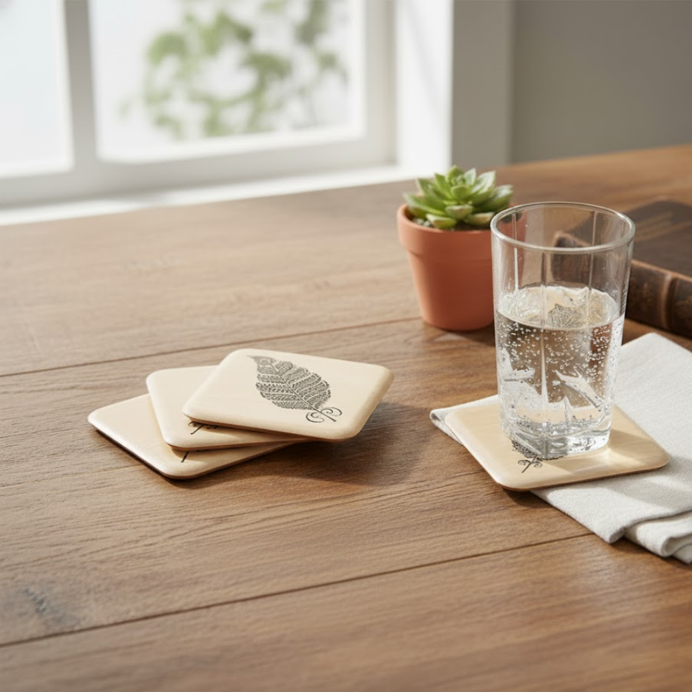 Hand Printed Ethnic Feather Wooden Coasters (Set of 4)