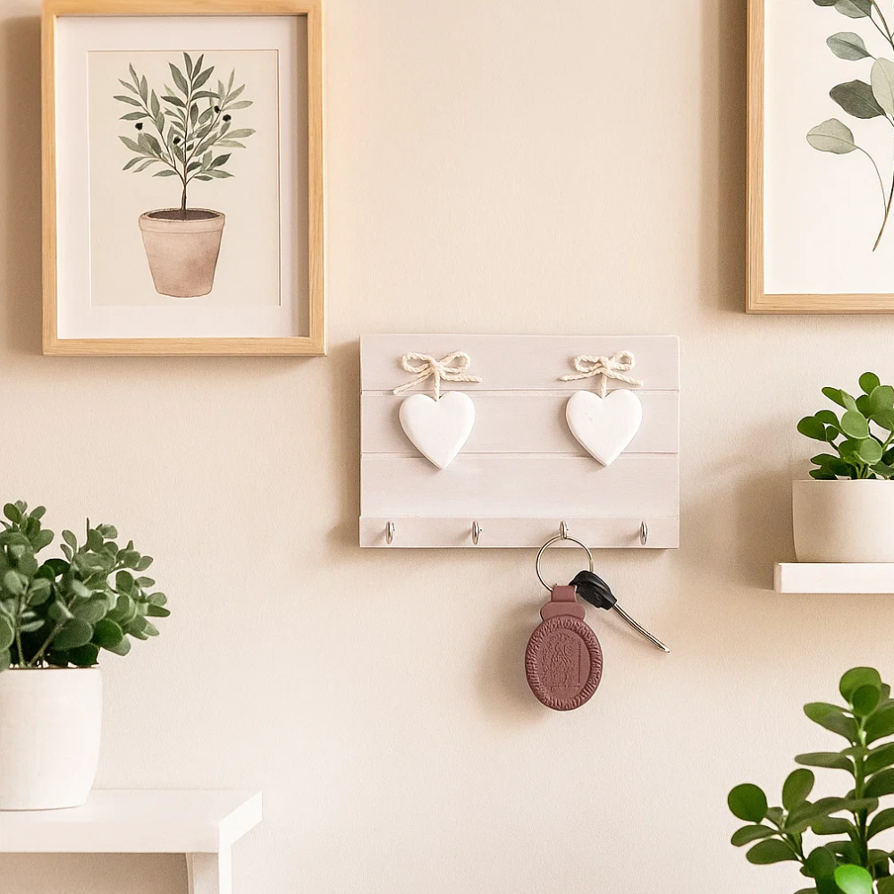 Distress Painted Wooden Ivory Heart 4‑Key Hanger