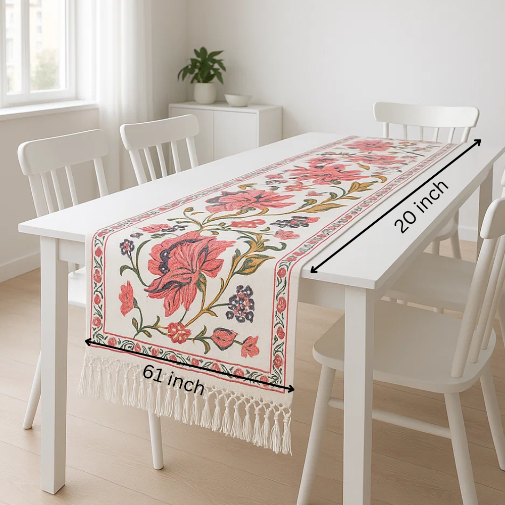 Floral Printed Cotton Table Runner with Tassels – Handwoven Artisan Dining Table Décor