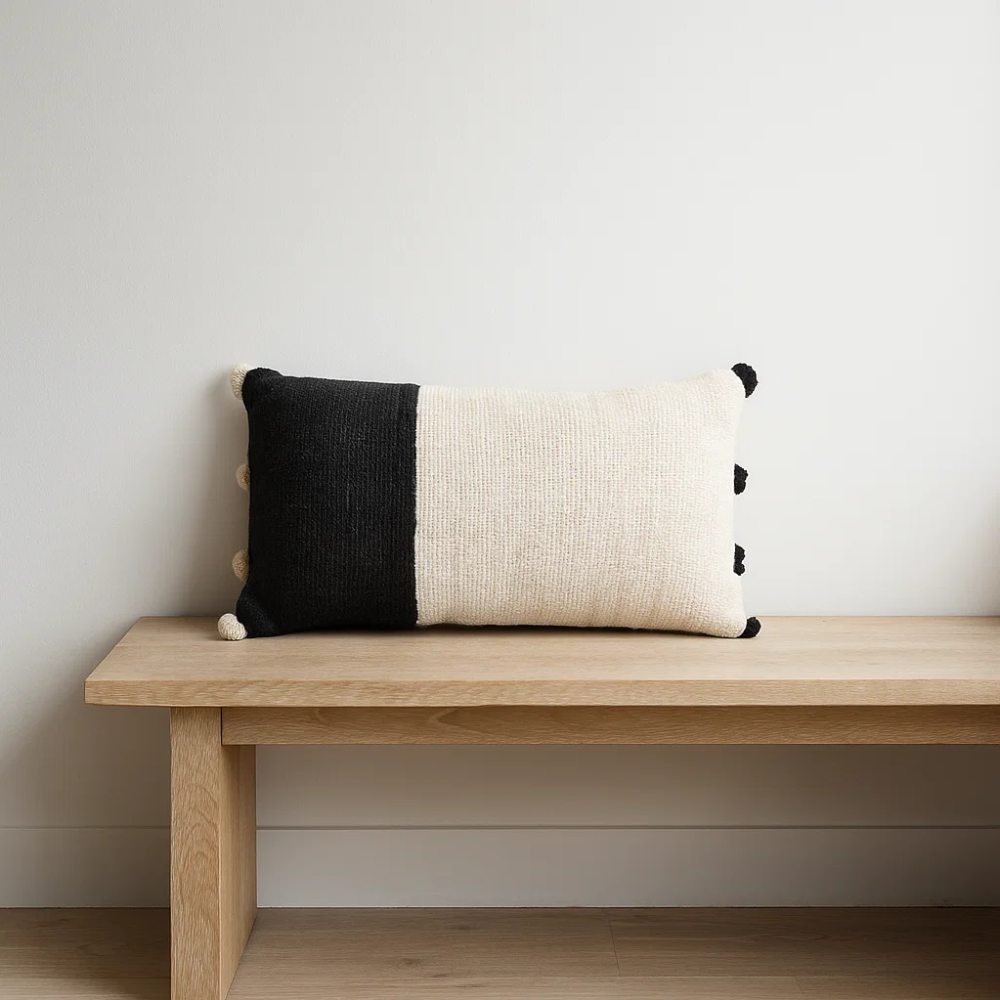 Colorblock Lumbar Cotton Cushion Cover – Handwoven White Sofa Cushion Cover with Concealed Zip (20x12 in)