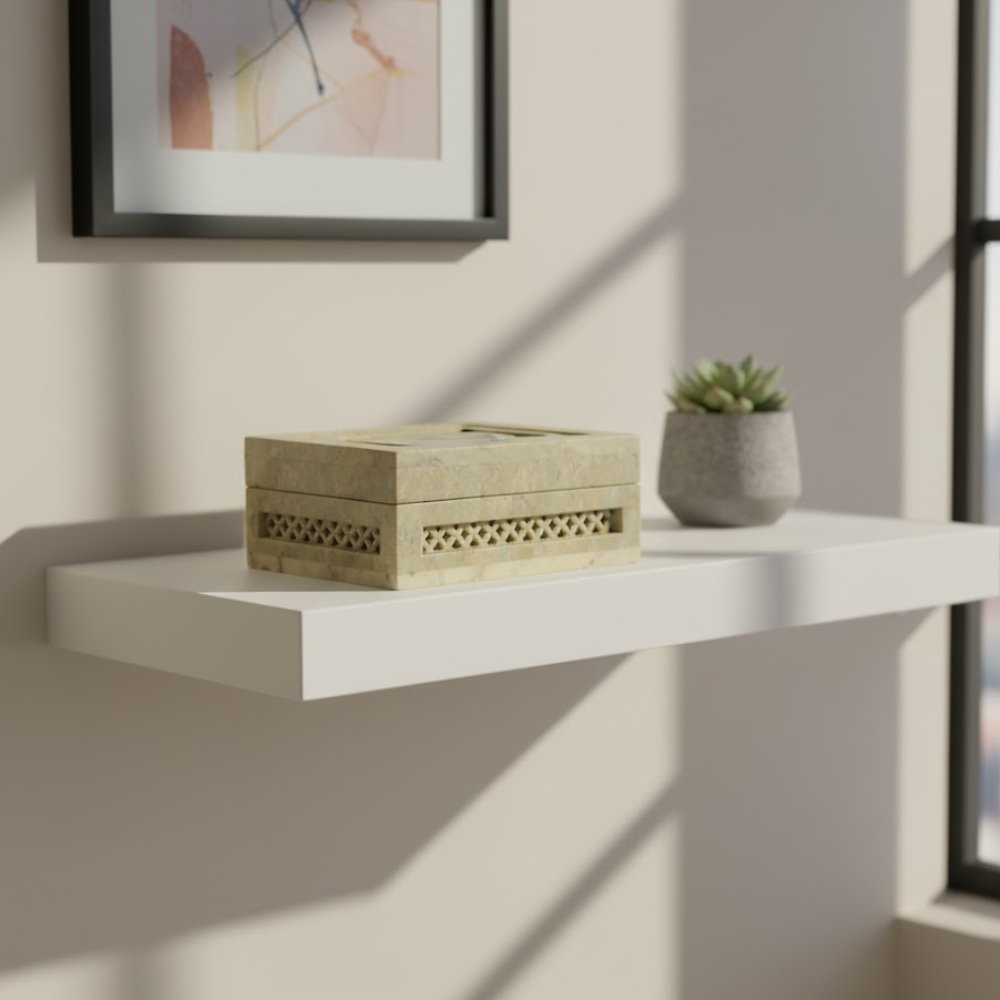 Inlaid Semi-Precious Stone & Lattice Cut Soapstone Jewelry Box