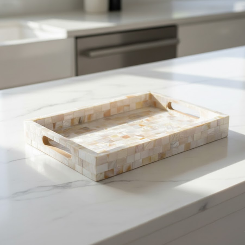 Mother-of-Pearl Wooden Serving Tray – Handcrafted Decorative Wood Serving Tray with Shell Inlay