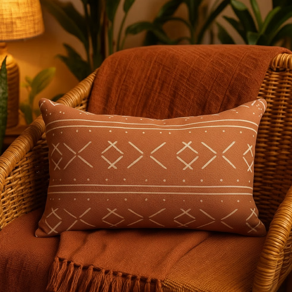 Tribal Monochrome Cotton Lumbar Cushion Cover – Hand Block Printed Sofa Cushion Cover with Tassels