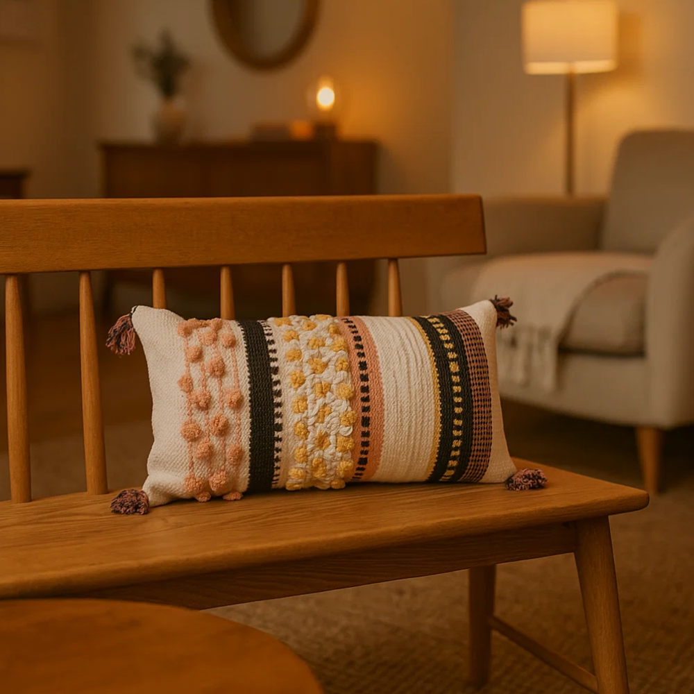 Handwoven & Tufted Striped Lumbar Cushion Cover – Artisan Cotton Sofa Cushion Cover with Concealed Zip