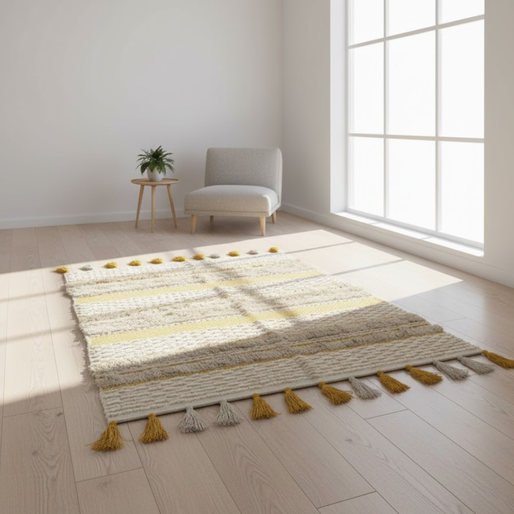 Handwoven & Tufted Tuscan Rug – Artisan Cotton Rug with Jacquard Weave, Tufts & Tassels