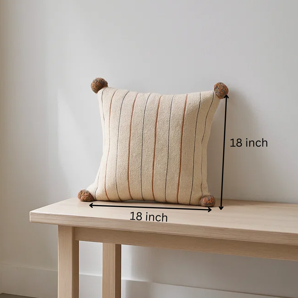 Line & Pom Pom Accent Cotton Cushion Cover – Handwoven Sofa Cushion Cover with Concealed Zip