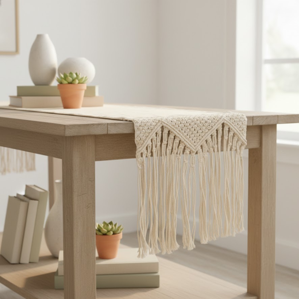 Border Macrame Fringed Off-White Table Runner