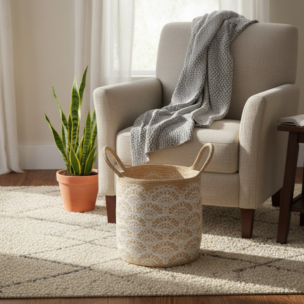 Handwoven Floral Printed Jute Basket – Eco-Friendly Artisan Jute Basket for Storage & Décor