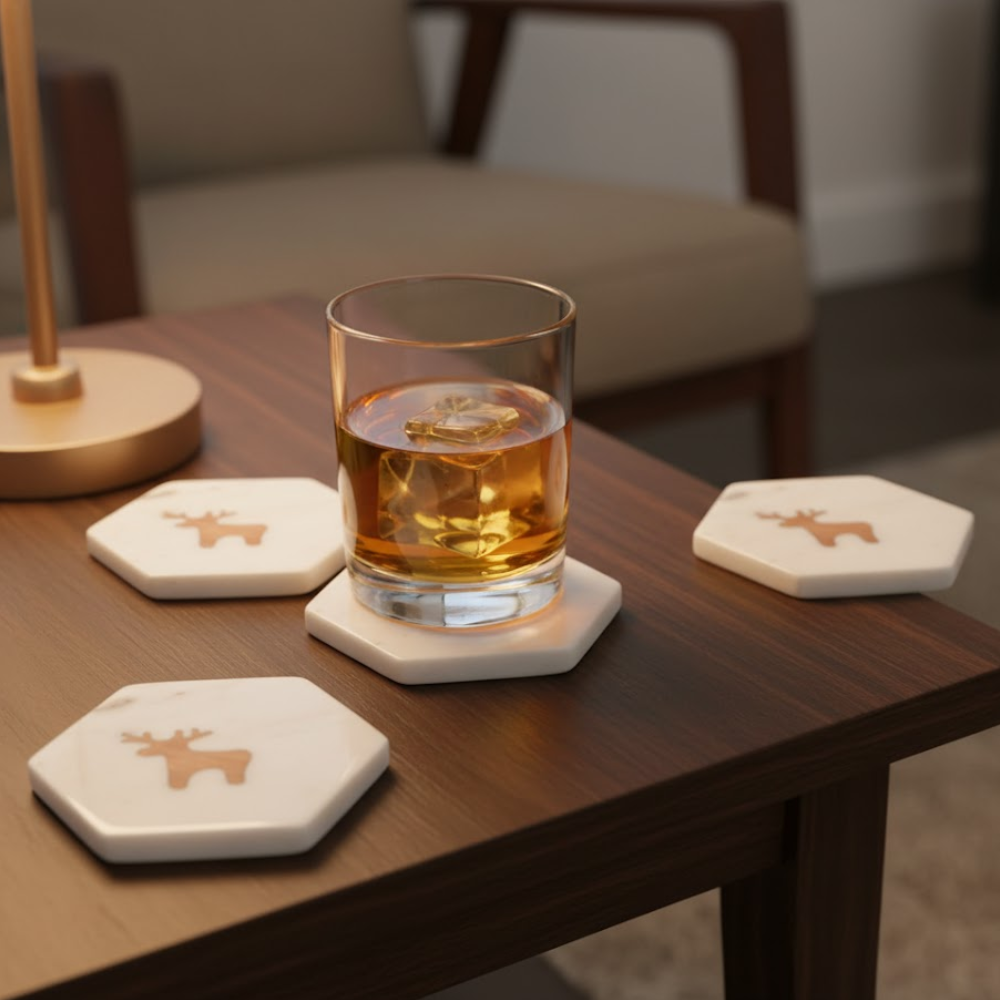 Reindeer Inlaid Marble Coasters (Set of 4) – Handcrafted White Marble Drink Coasters with Wooden Inlay