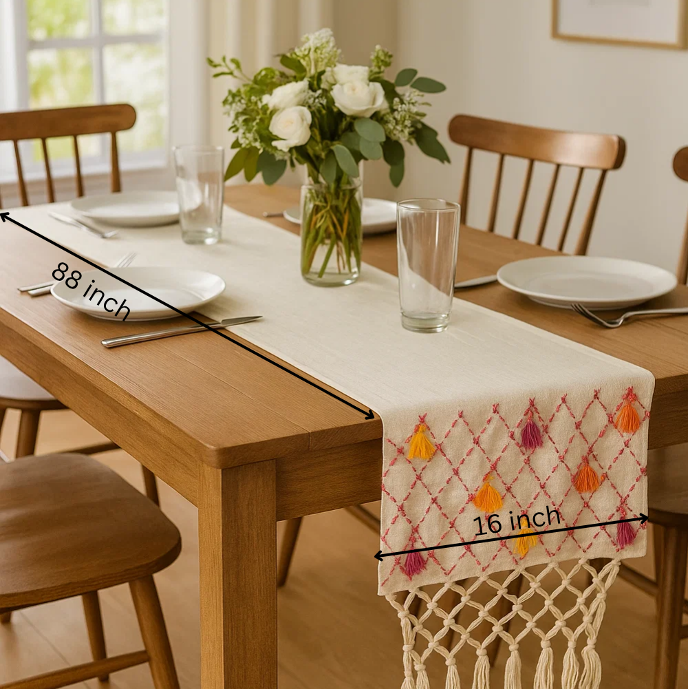 Handwoven Tassels & Net Design Cotton Table Runner