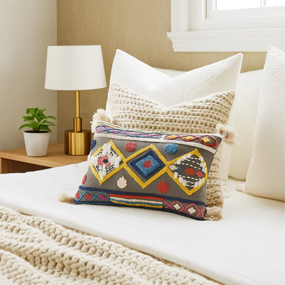 Diamond Embroidered Eclectic Tasseled Lumbar Cotton Cushion Cover