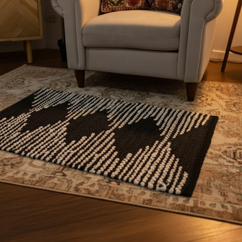 Handwoven Cotton Monochrome Durry – Artisan Diamond Pattern Rug with Stripes