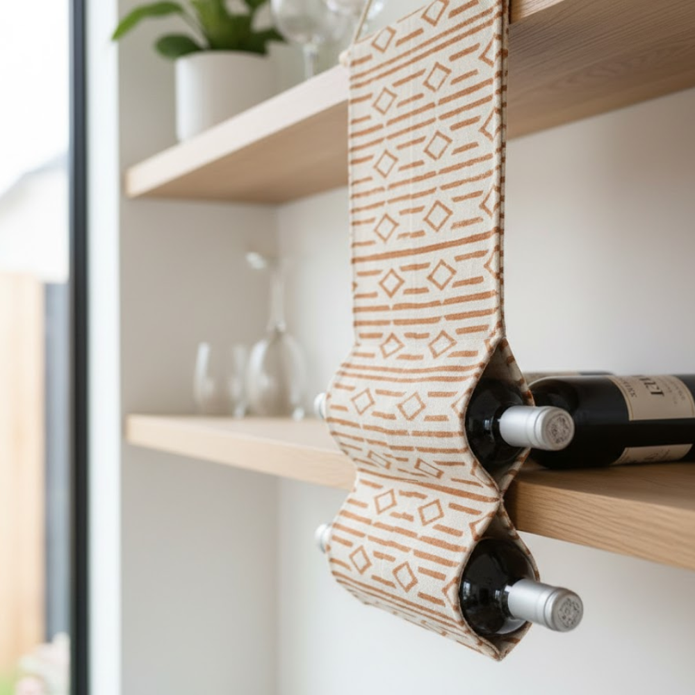 Rusty Orange Printed Wall Mountable Wine Rack – Hand Block Printed Cotton & Wood Wine Holder
