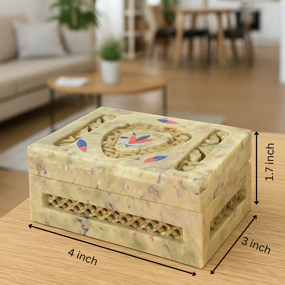 Soapstone Jewelry Box – Hand-Inlaid Semi-Precious Stones