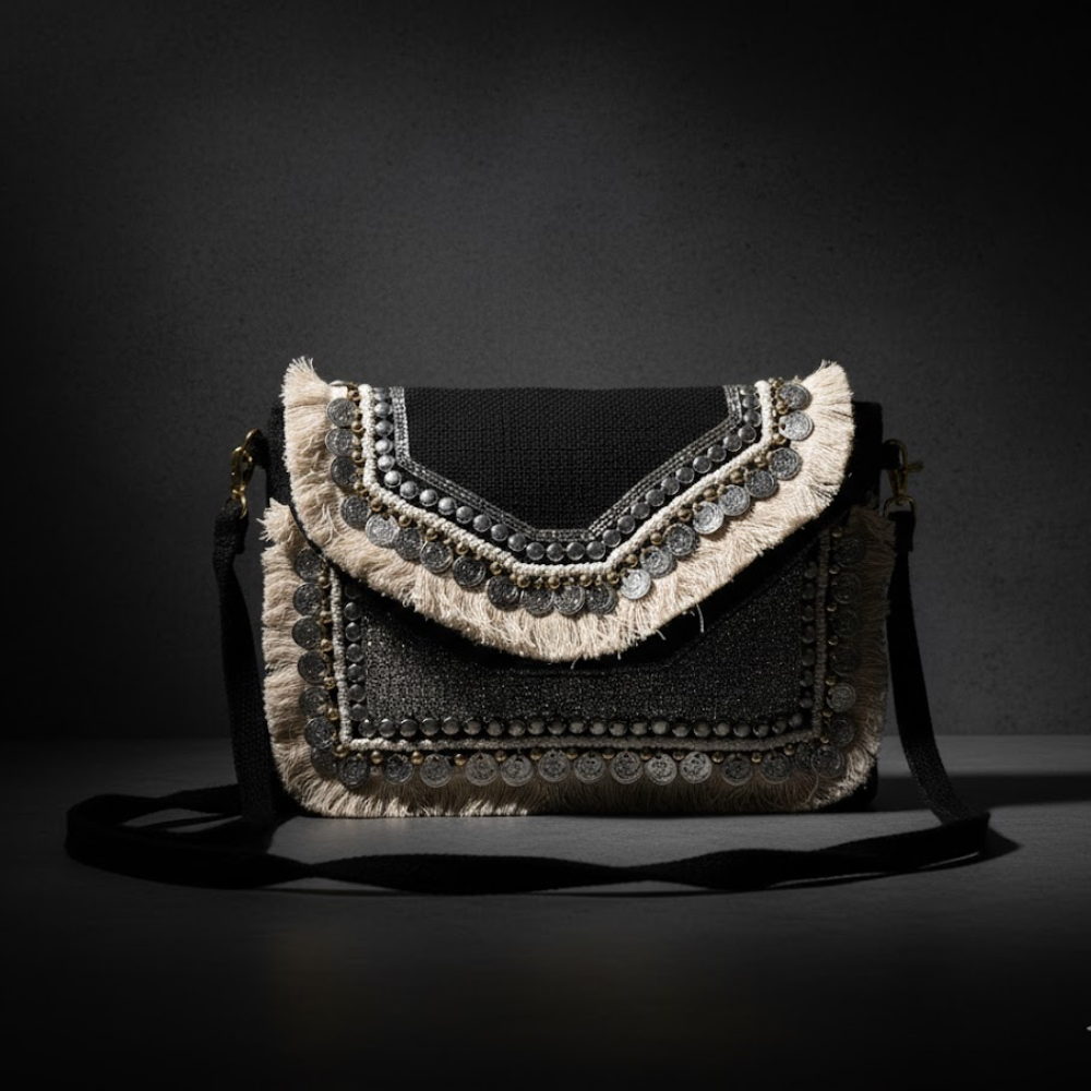 Metallic Embellished & Fringed Black Jute Sling Bag