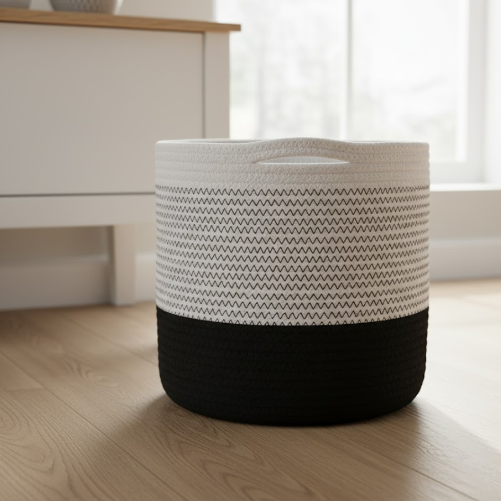 Handwoven Cotton Monochrome Zigzag Basket – Artisan Cotton Storage Basket with Black & White Pattern