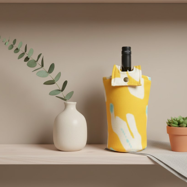 Yellow Wine Bag | Abstract Fabric Bottle Bag with Button Closure