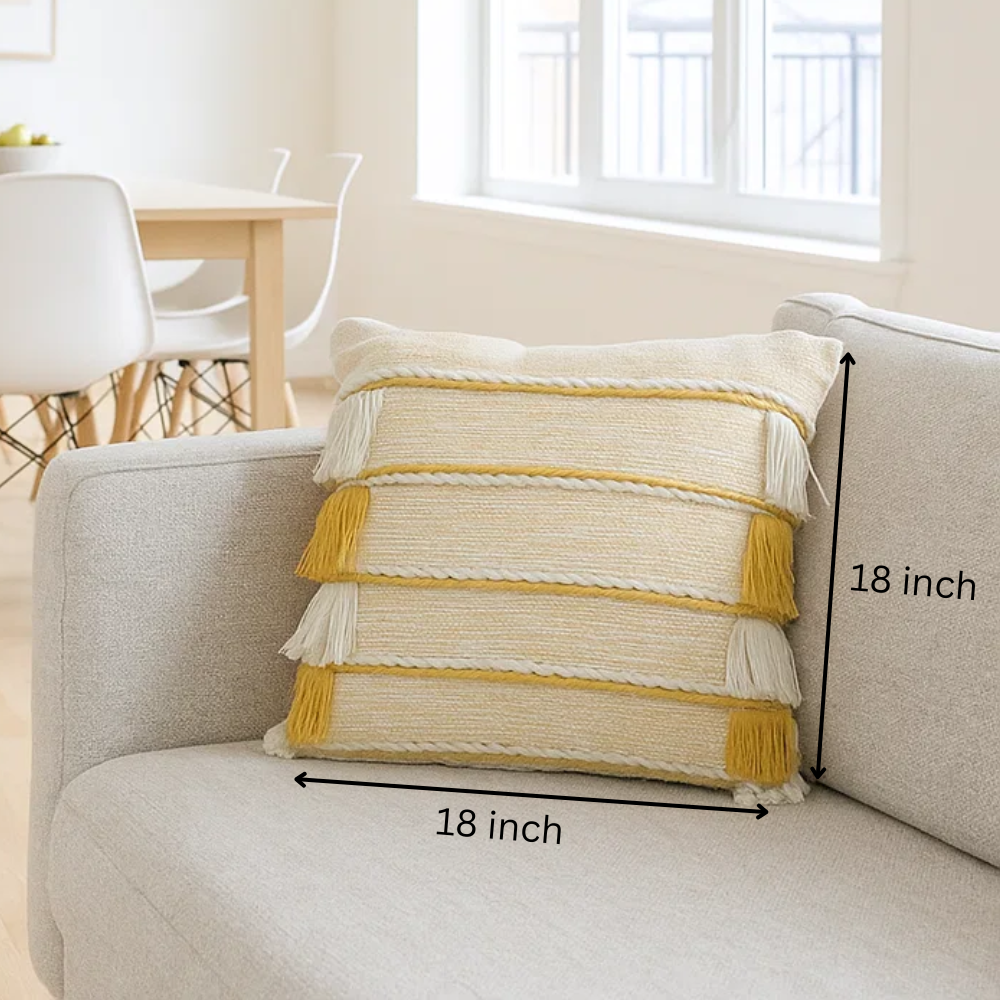Woven Fringed Cotton Cushion Cover – Handwoven Yellow Sofa Cushion Cover with Concealed Zip