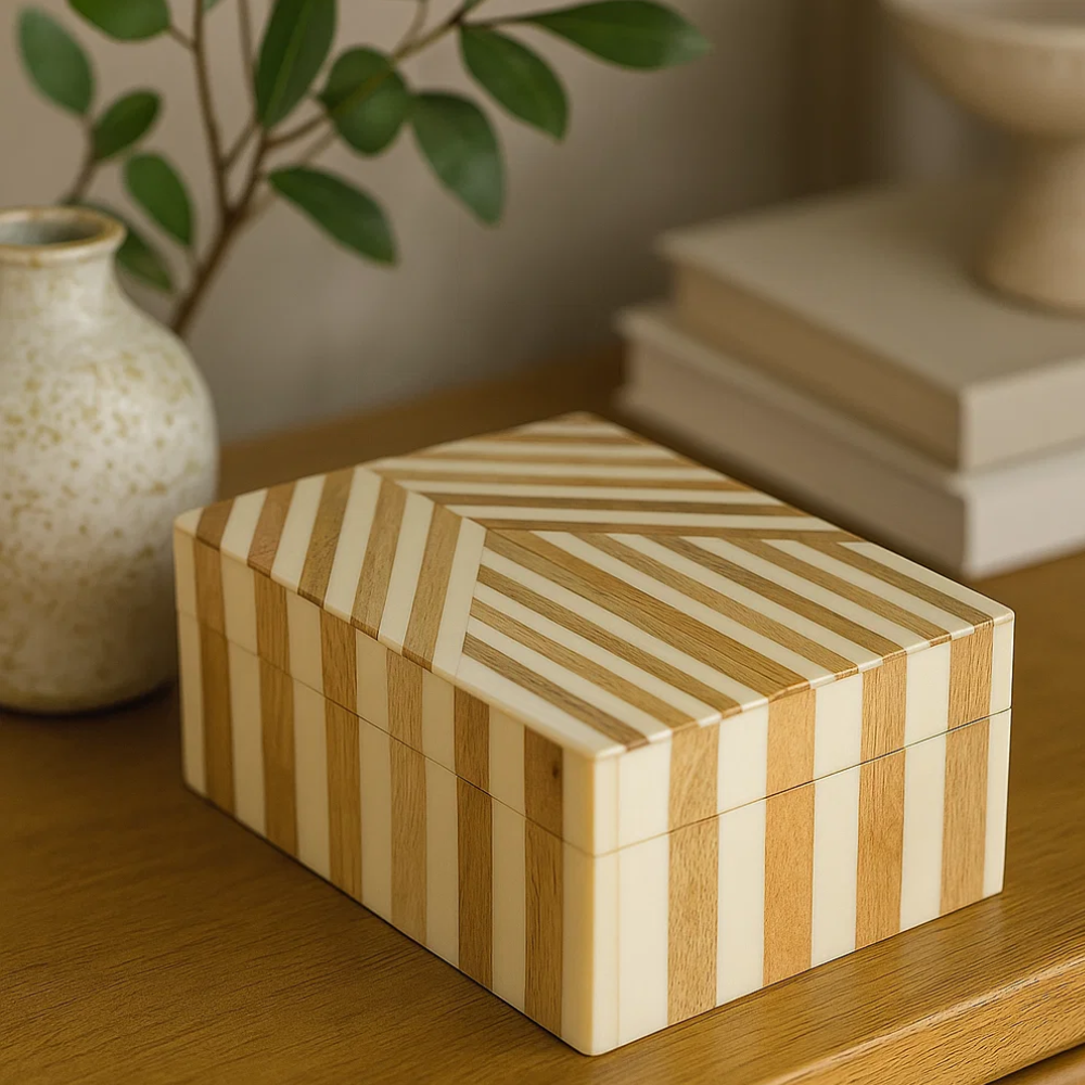 Neutral Striped MDF & Resin Jewelry Box