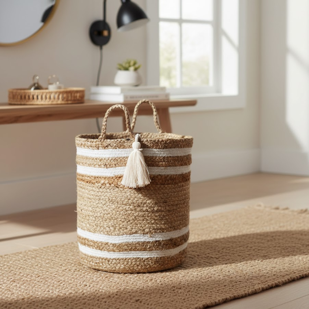 Handmade Jute Storage Basket with White Stripes – Eco-Friendly Cotton & Jute Basket for Storage