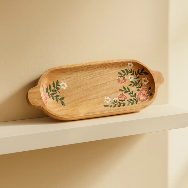Elongated Wood Platter | Hand Painted Floral Mango Wood Serving