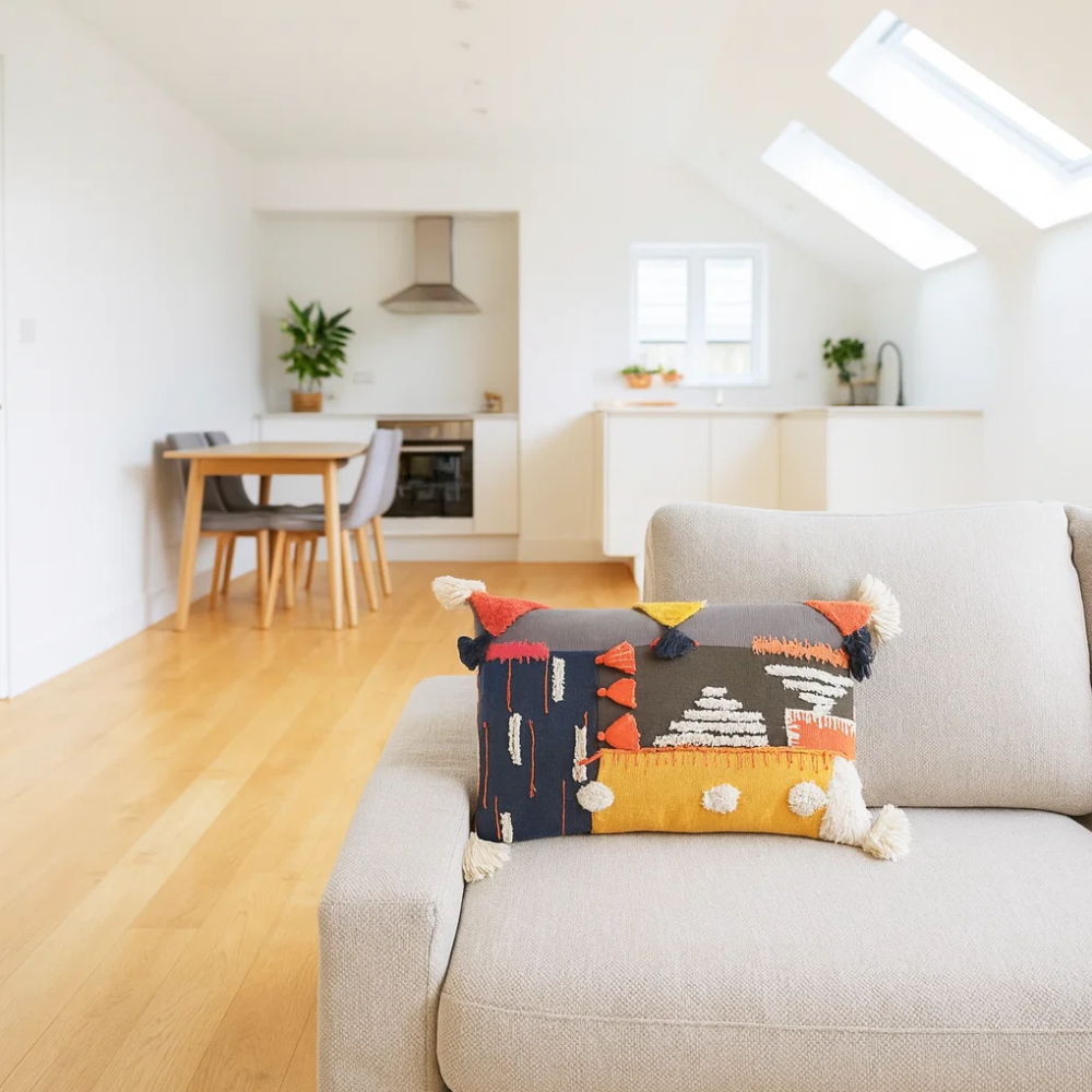 Grey Lumbar Cushion Cover – Abstract Embroidery & Tasseled