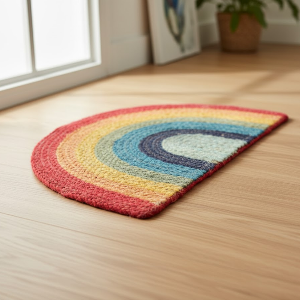 Braided Jute Rainbow Mat – Eco-Friendly Hand-Braided Door Mat in Natural Jute with Rainbow Accents